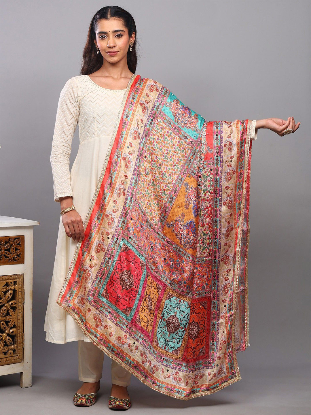 Exotic India Floral Printed Mirror Work Art Silk Dupatta