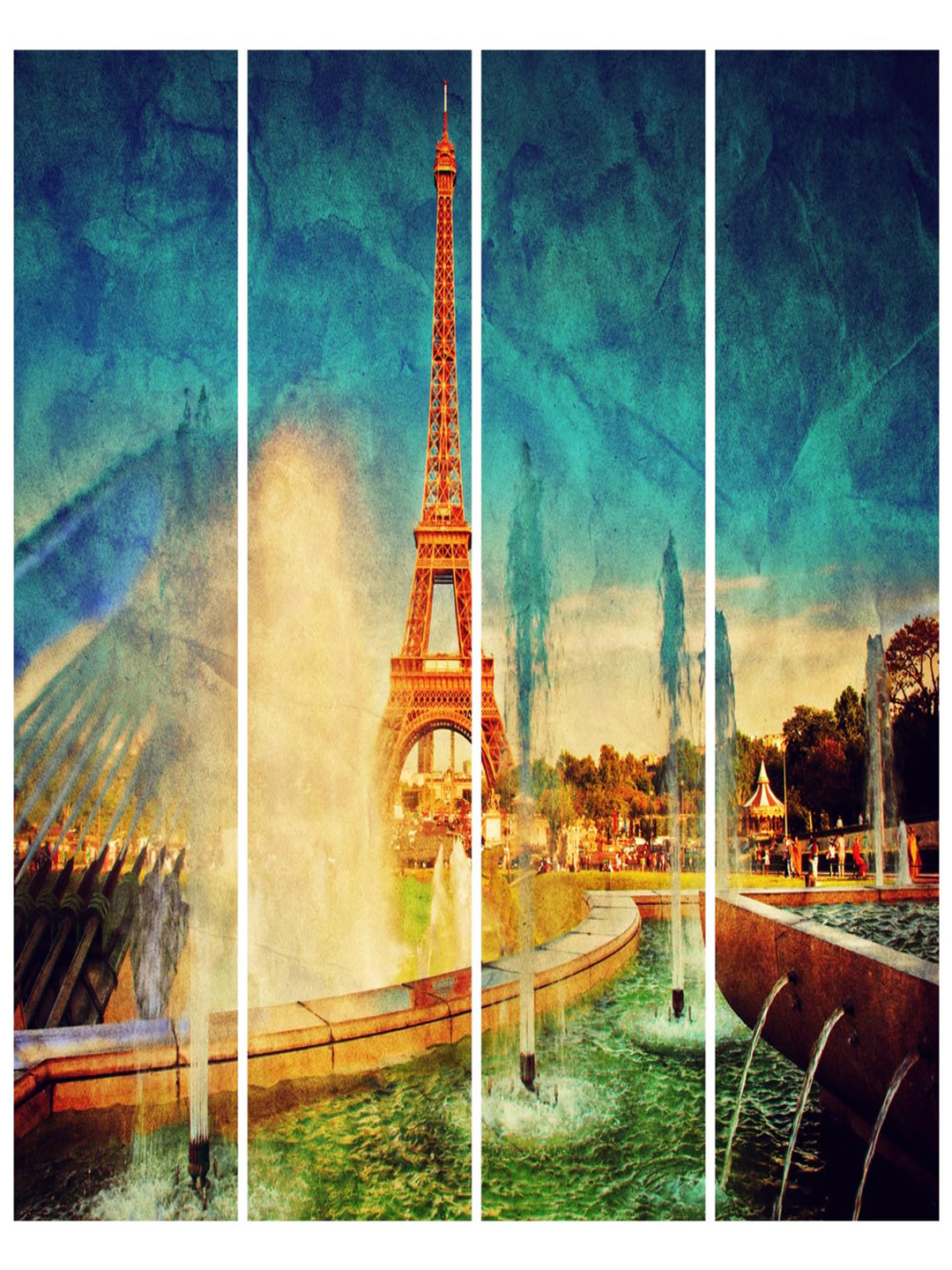 Inephos Blue & Brown 4 Pieces Eiffel Tower Printed Vinyl Wall Art