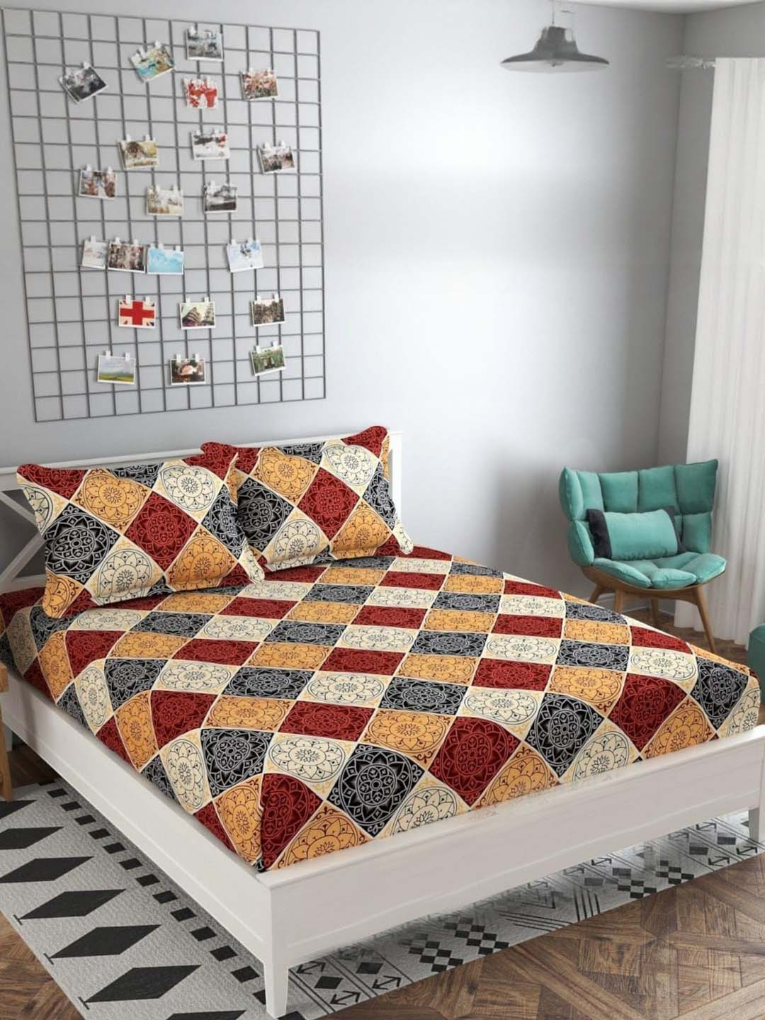 WELLNEST 200 TC Polycotton Fitted Queen Size Bed Bedsheets With 2 Pillow Covers