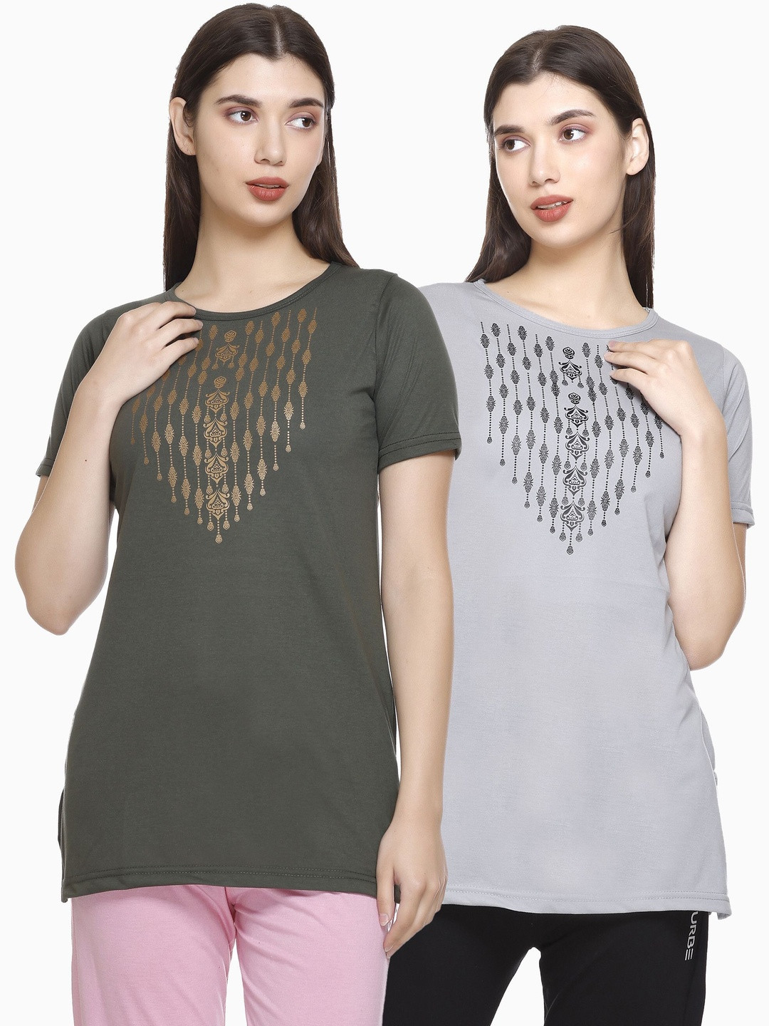 URBE-URBAN EVOLUTION Pack Of 2 Printed Cotton Round Neck Lounge T-Shirts