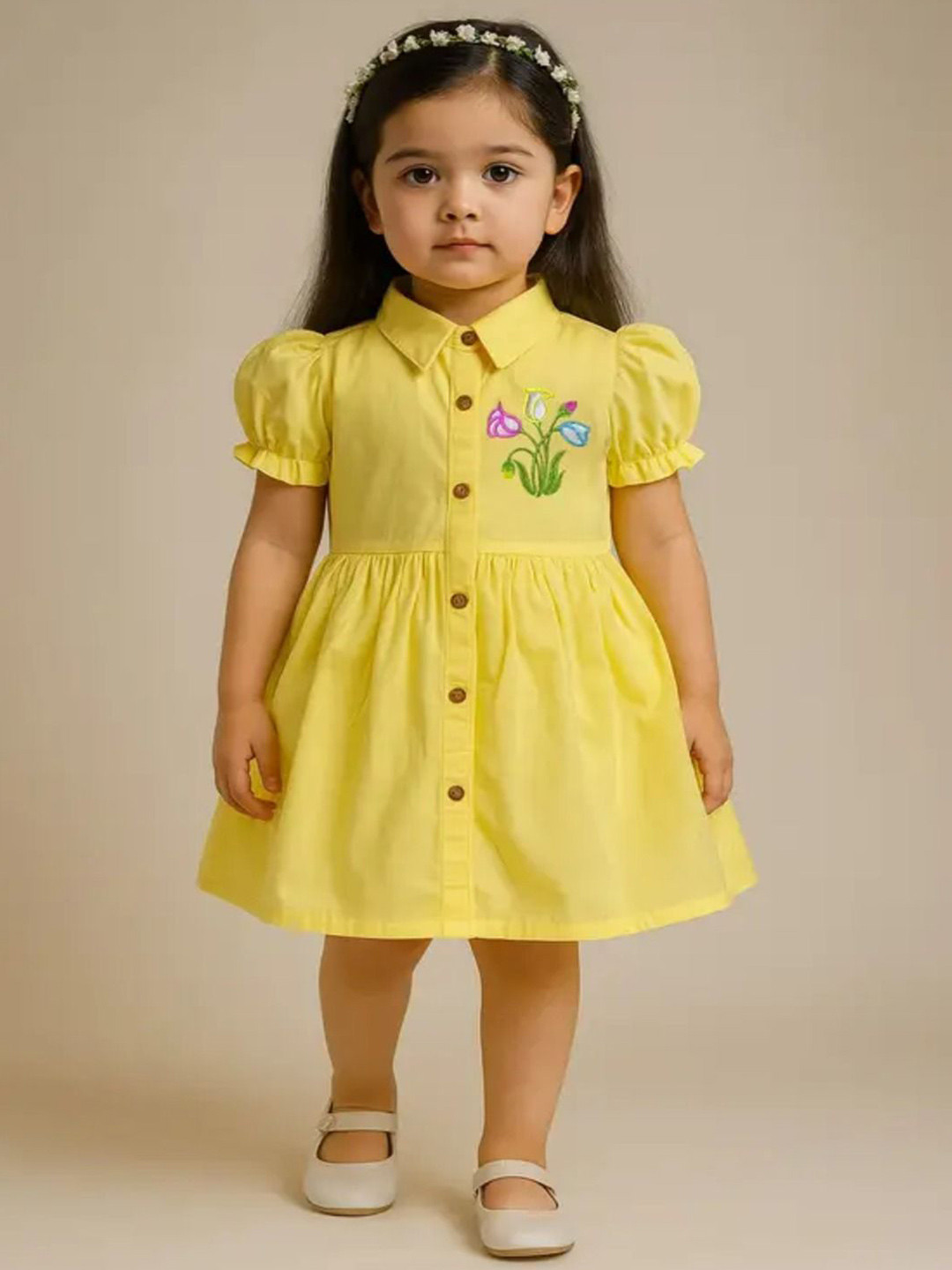 ryzora collection Girls Floral Embroidered Puff Sleeve Knee Length Cotton Shirt Dress