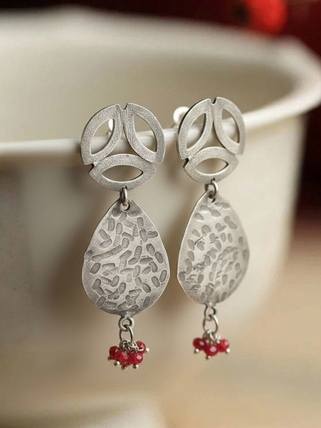 FIROZA Silver-Toned & Red Teardrop Shaped Drop Earrings