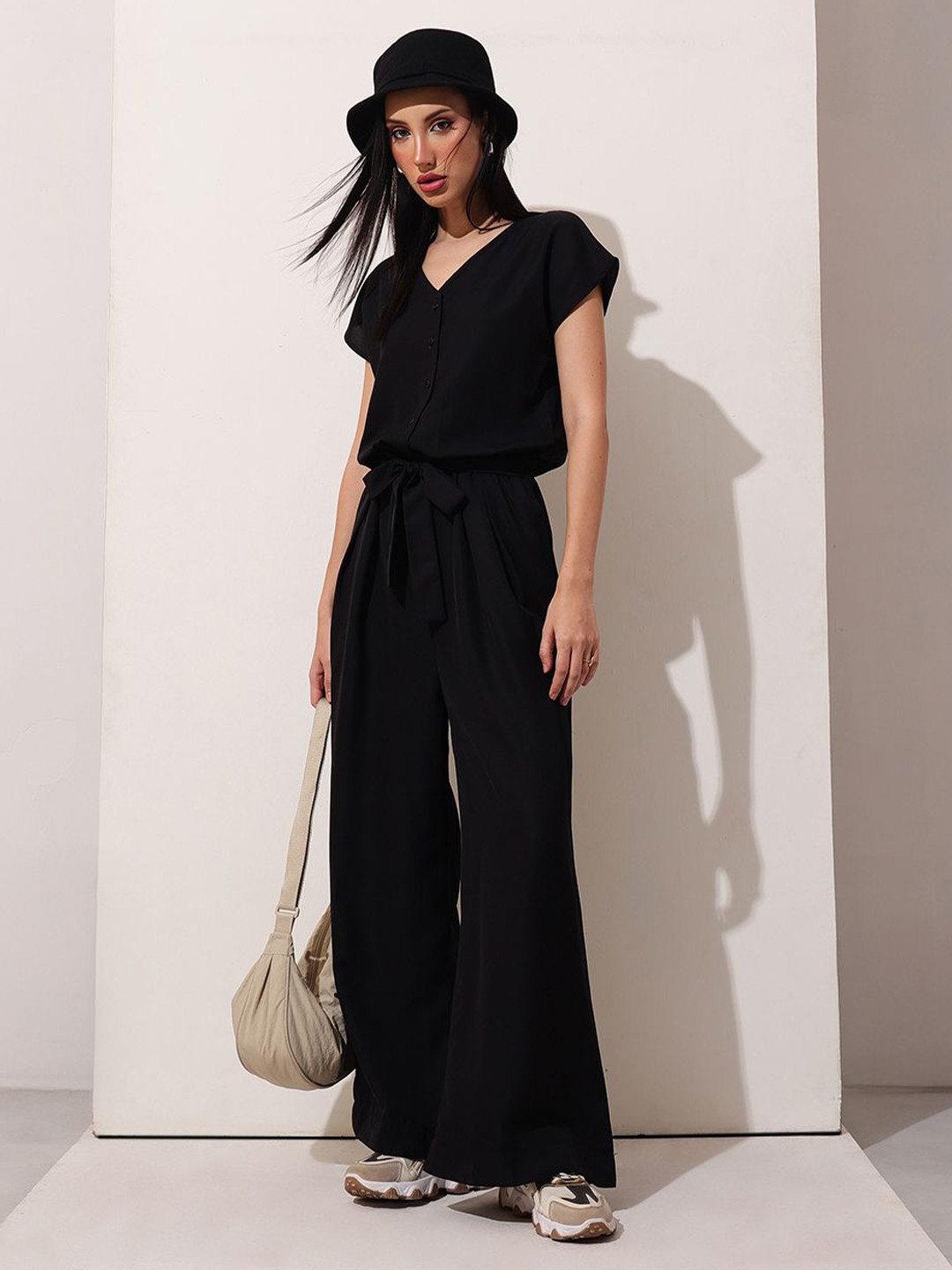 STREET 9 V-Neck Short Sleeves Relaxed Fit Basic Jumpsuit