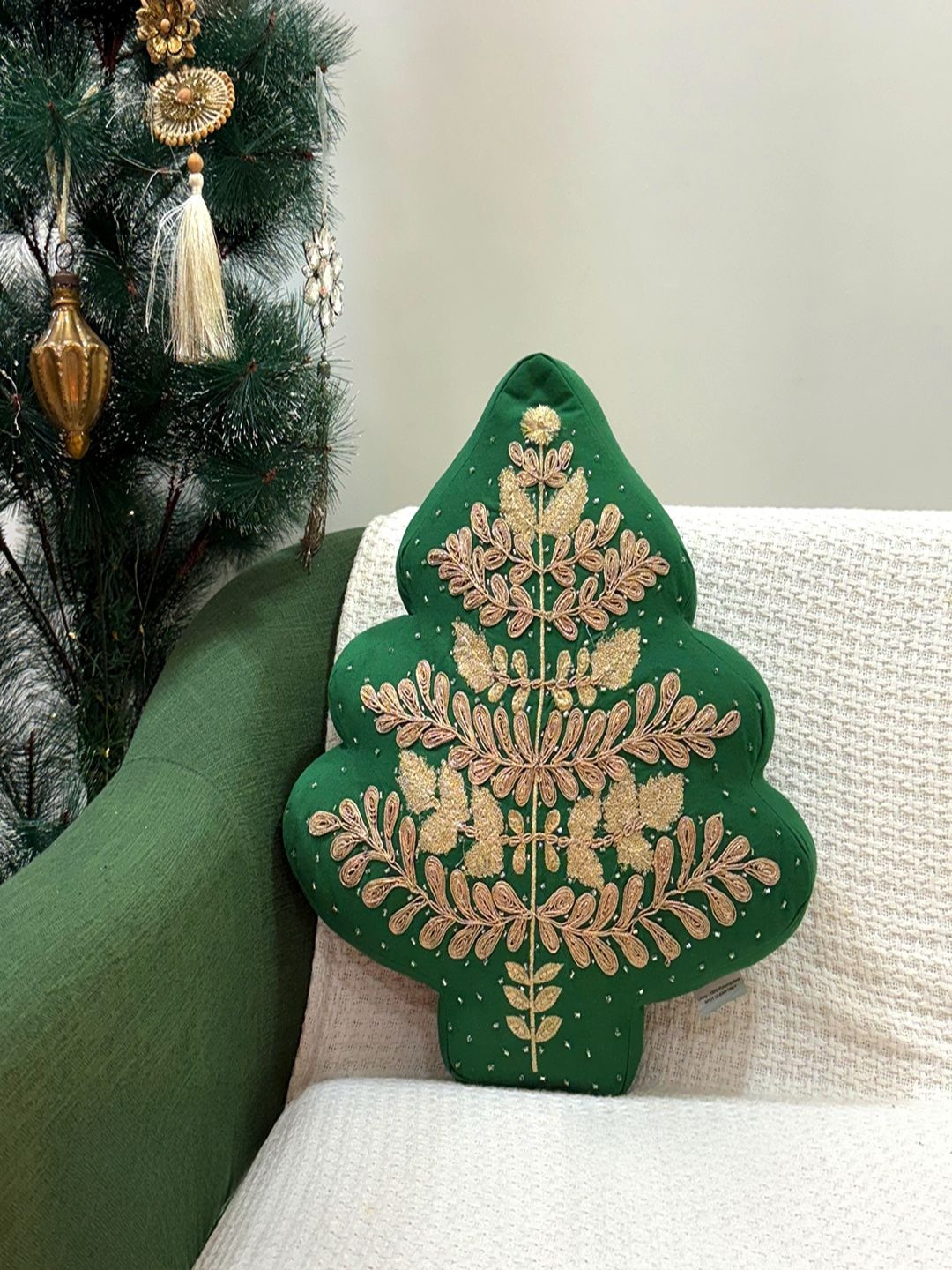 Revive Home Green & Beige Embroidered Cotton Spot Cleaning Tree Christmas Filled Cushion