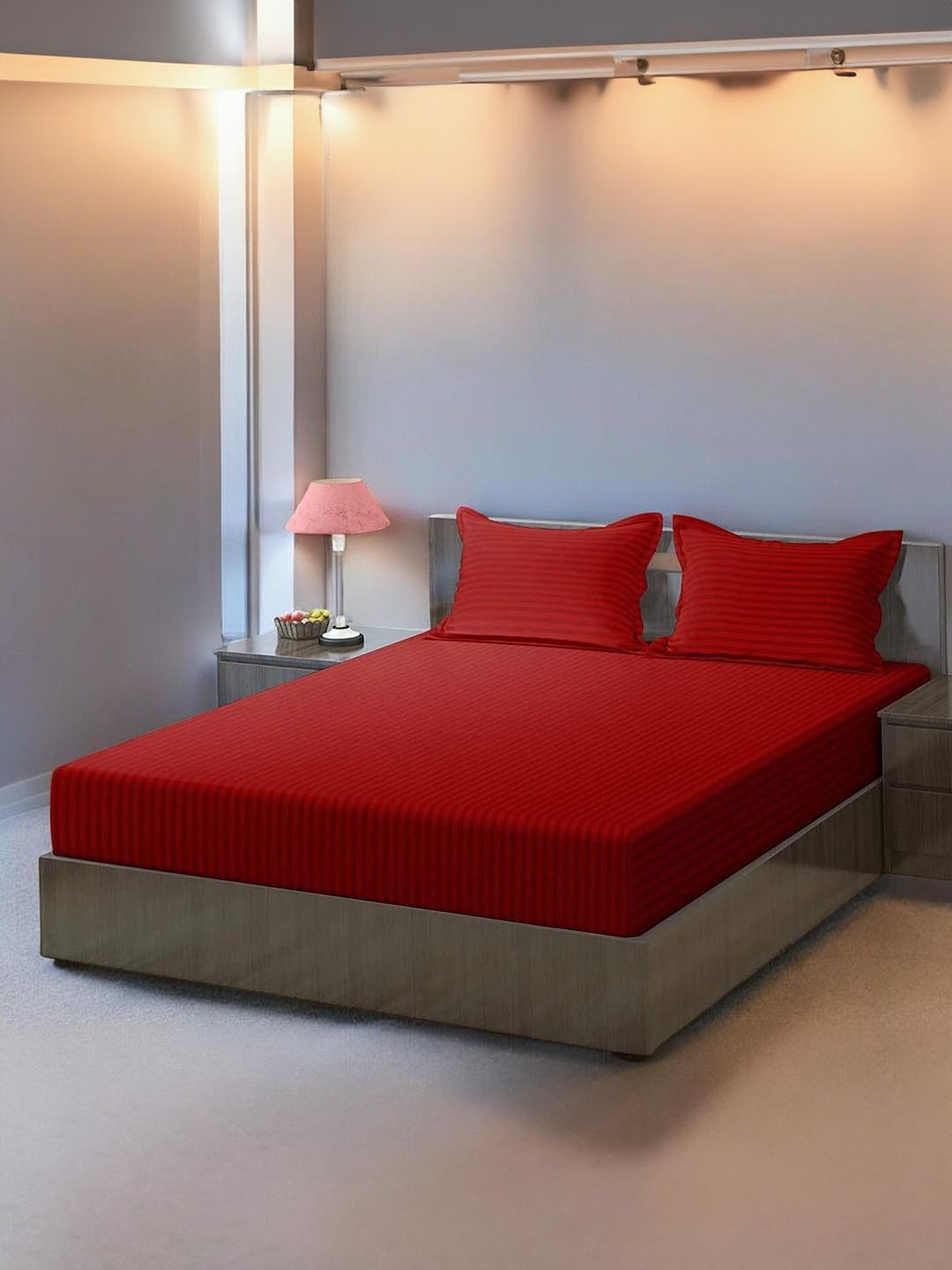 WELLNEST Maroon Striped 300 TC Cotton Fitted Queen Bedsheets