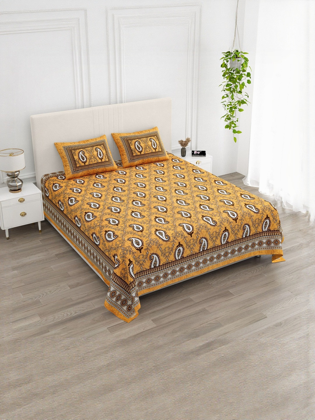 KD PRINTS Yellow Printed King 210 TC Flat Bedsheet With 2 Pillow Covers 93 X 108 Inches