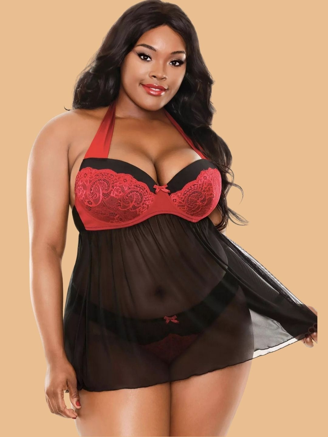 ZERJAMA Halter Neck Molded Cup Lace Plus Size Baby Doll