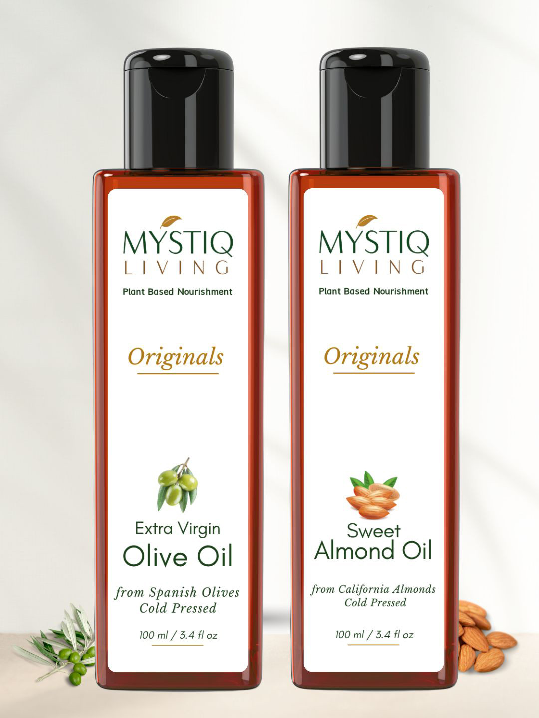 MYSTIQ LIVING 100% Pure Cold-Pressed Olive & Almond Hair & Skin Care Oil - 100ml Each