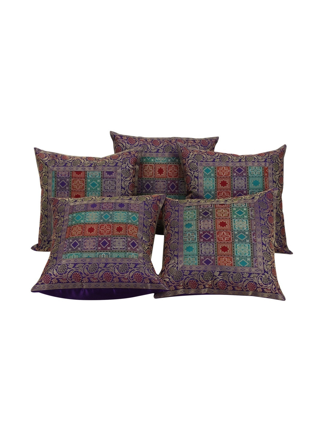 DECOWAT Purple & Green Printed Silk 5 Pieces Square Shape Cushion Covers - 16 x 16 In