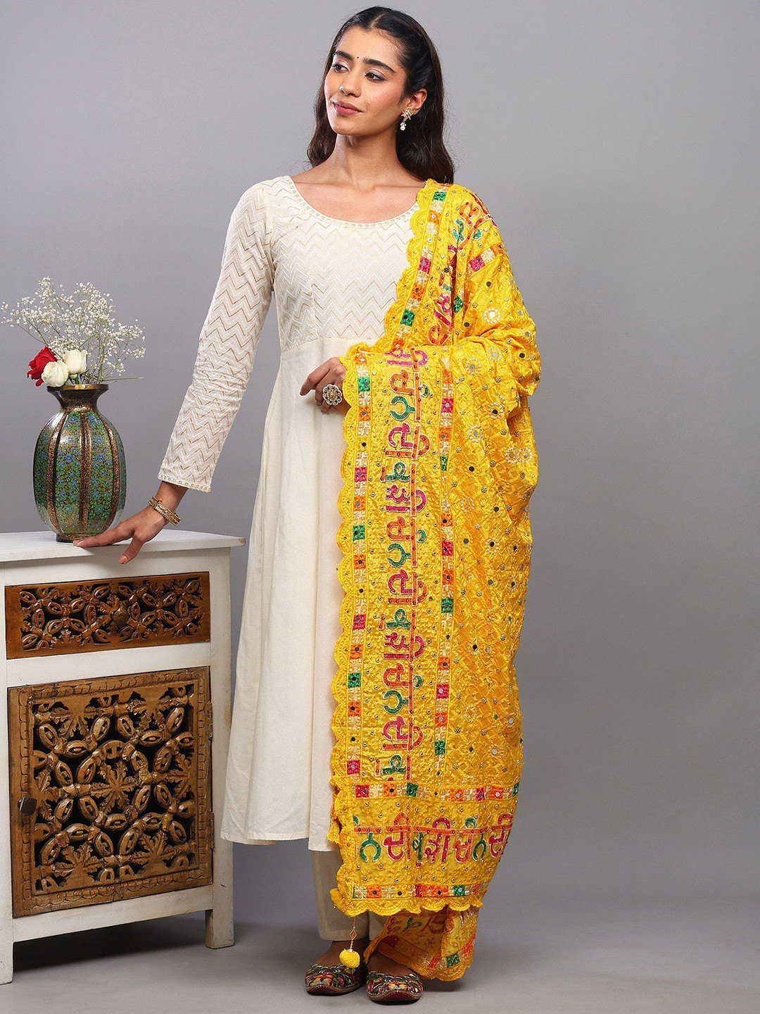 Exotic India Geometric Phulkari Heavy Embroidered Mirror Work Art Silk Dupatta