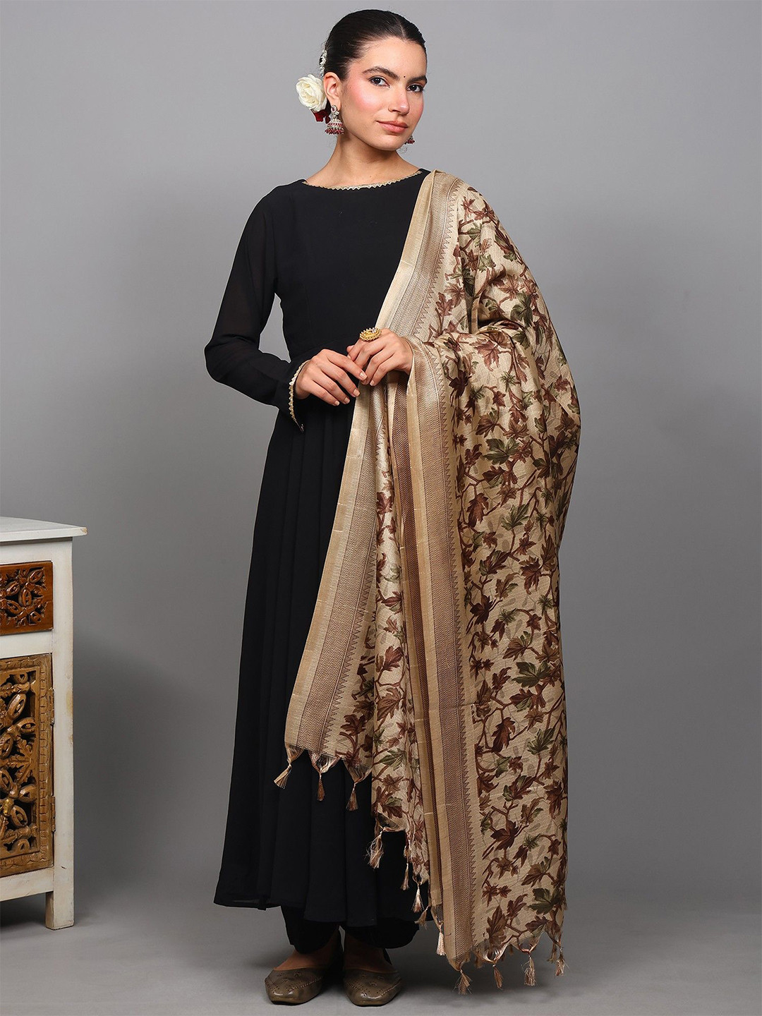 Exotic India Maple Leaf Printed Tasselled Border Detail Art Silk Dupatta