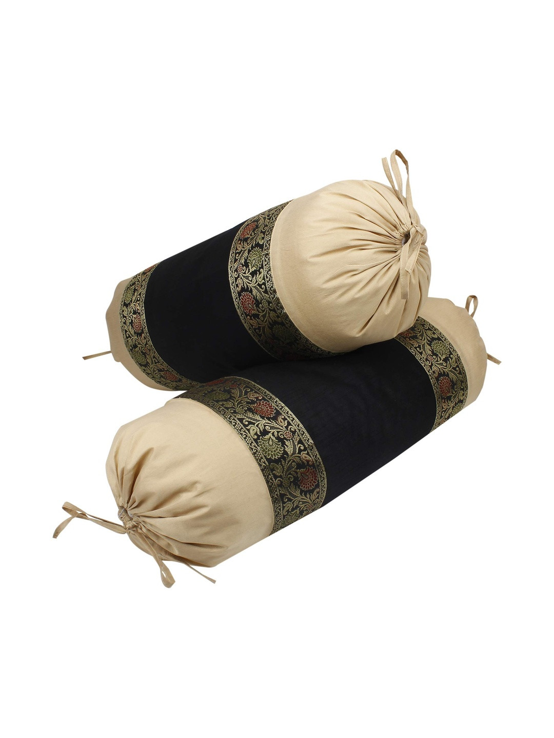 DECOWAT Beige & Black Printed 2 Pieces Cotton Bolster Covers - 32 x 16 In