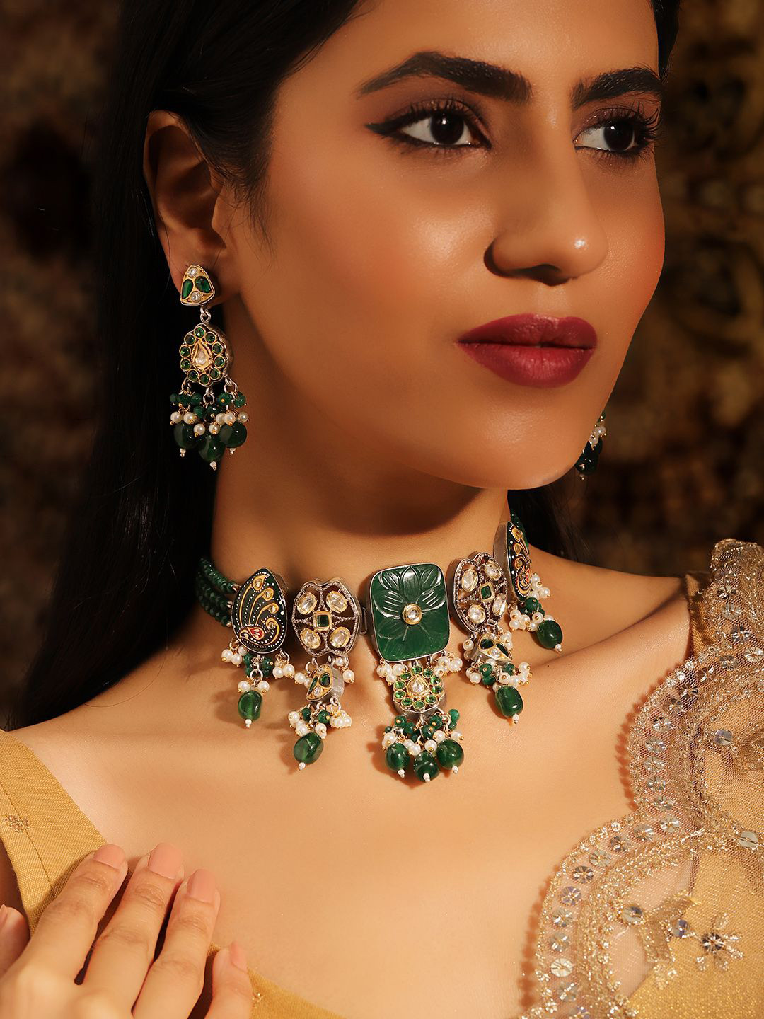 Priyaasi Gold-Plated Kundan Studded Emerald Elegance Floral Pattern Necklace and Earrings
