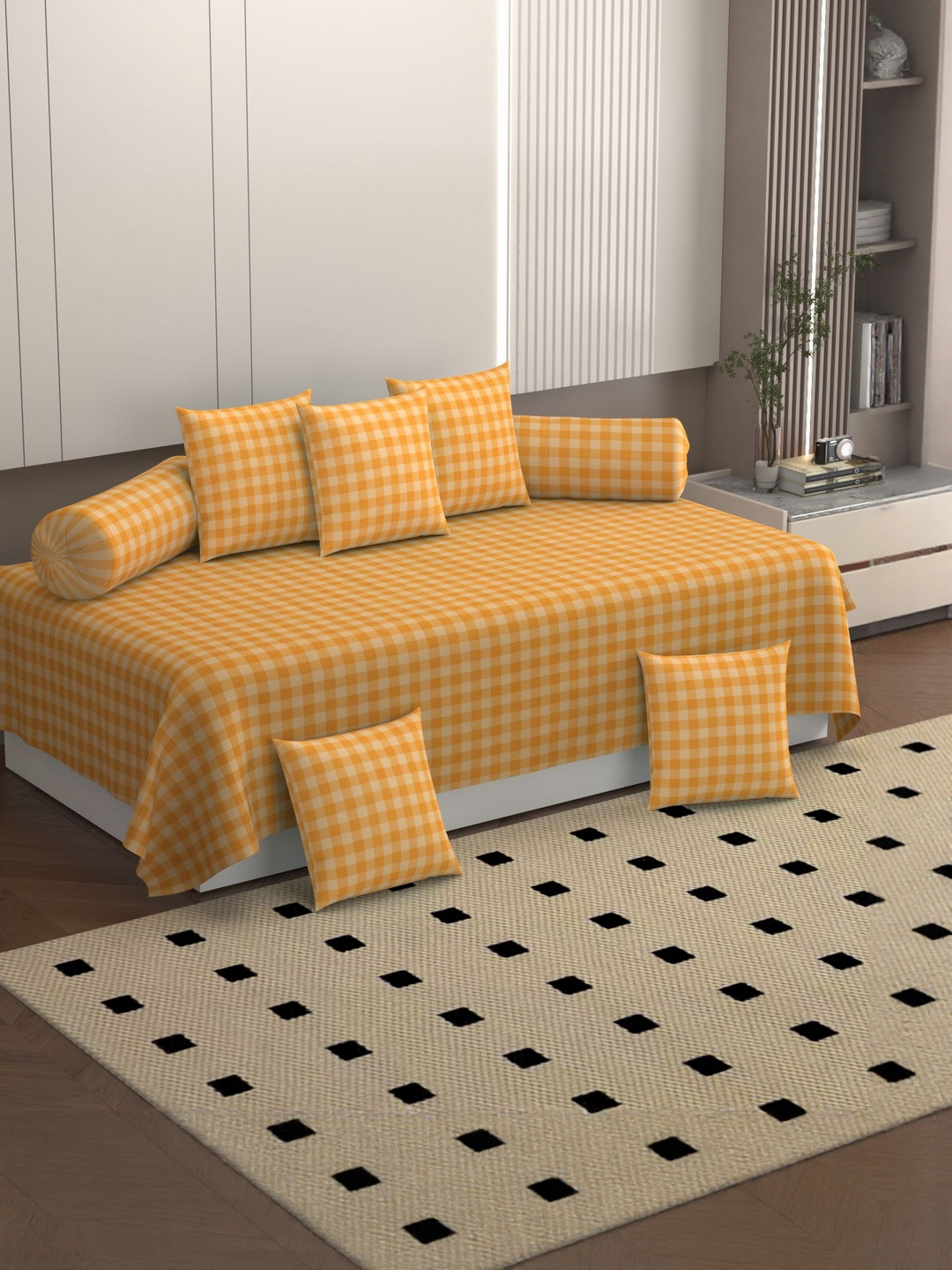 Bromwick 8 Pcs Orange Colored & White Checked Bedsheet with Bolster & Cushion Covers