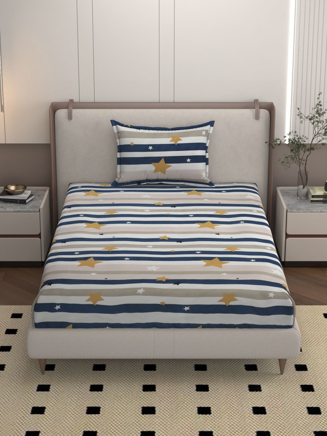 Bromwick White 160 TC Checked Superfine Single Bedsheet with 1 Pillow Covers