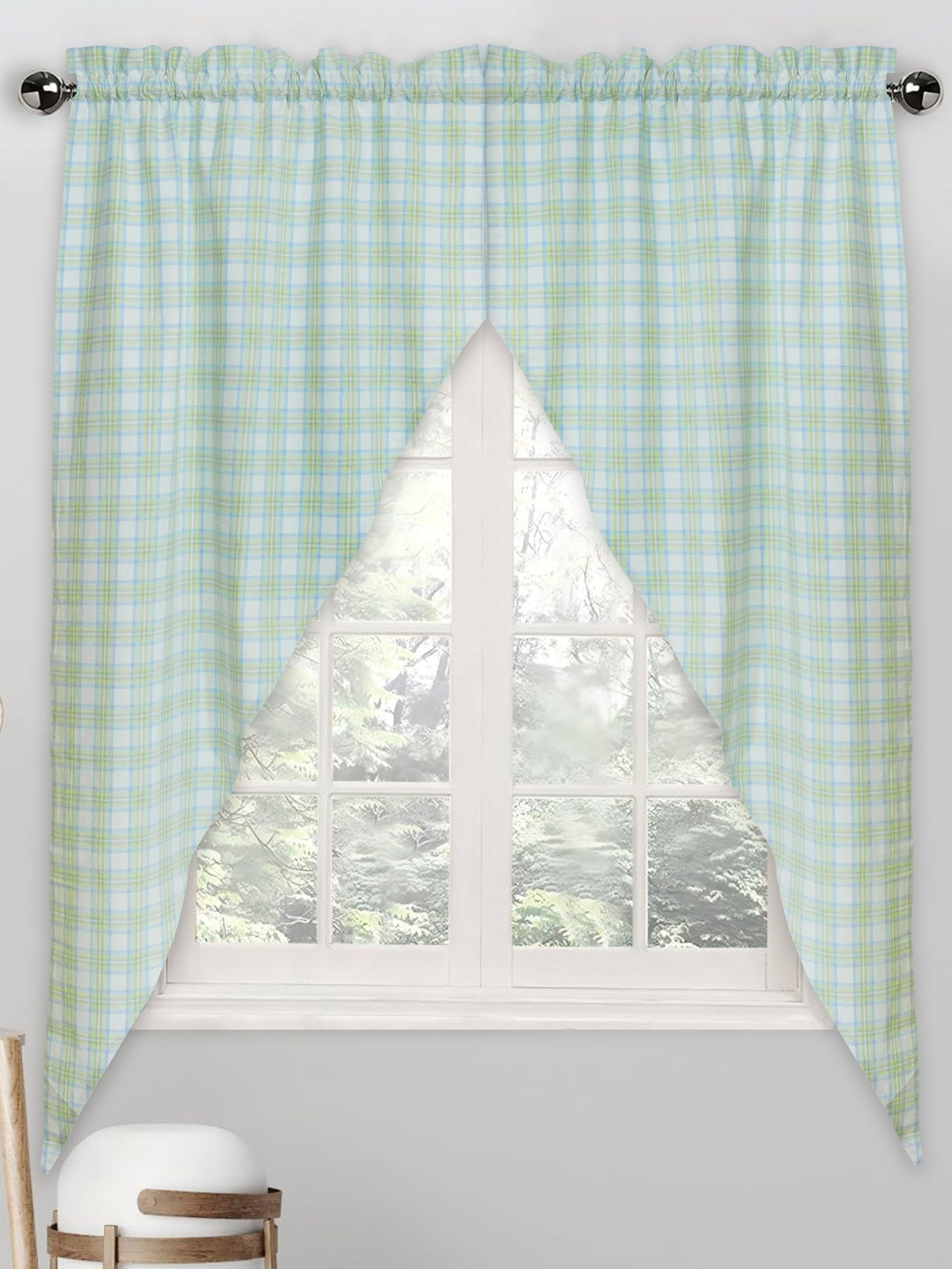 HOME COLORS.IN Green Checked Cotton Breathable 2 Pieces Window Rod Pocket Curtains