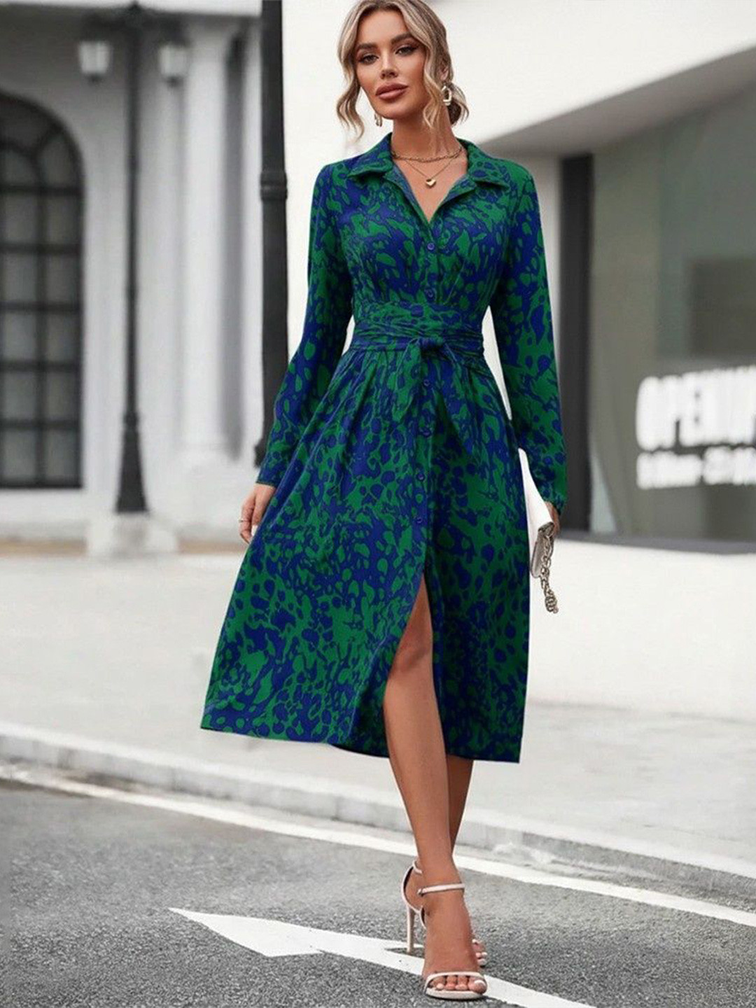 Elchic Women Printed Shirt Collar Fit & Flare Midi Dress
