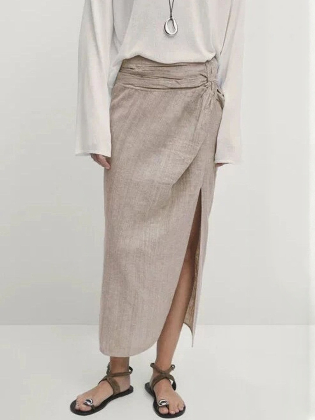 LULU & SKY Women Solid High Rise Ruched Slit Midi Skirts