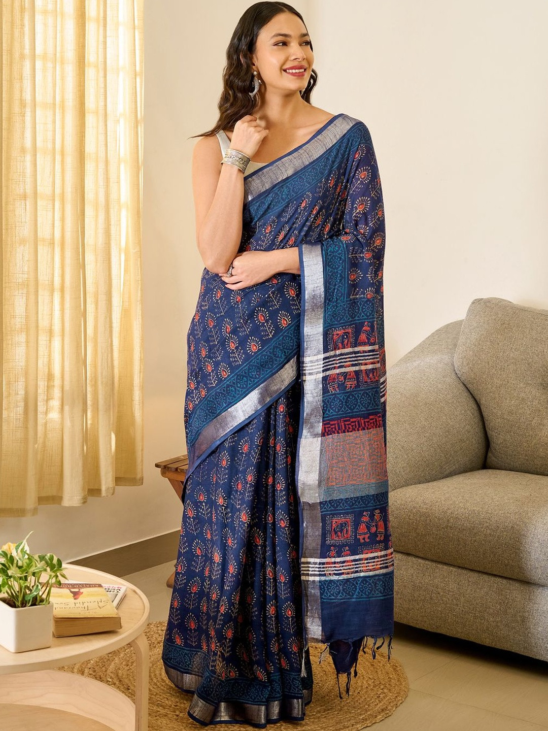 TEEJH Ekila Indigo & Red Hand Blockprint Saree