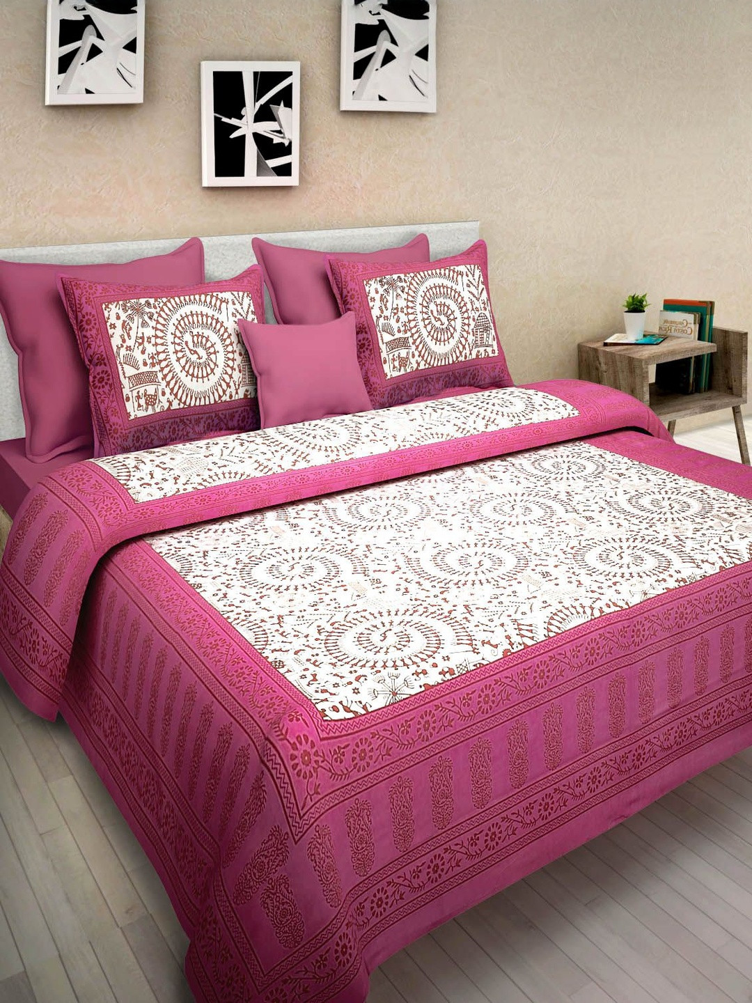 KD PRINTS Pink Printed King 180 TC Flat Bedsheet With 2 Pillow Covers 85 X 95 Inches