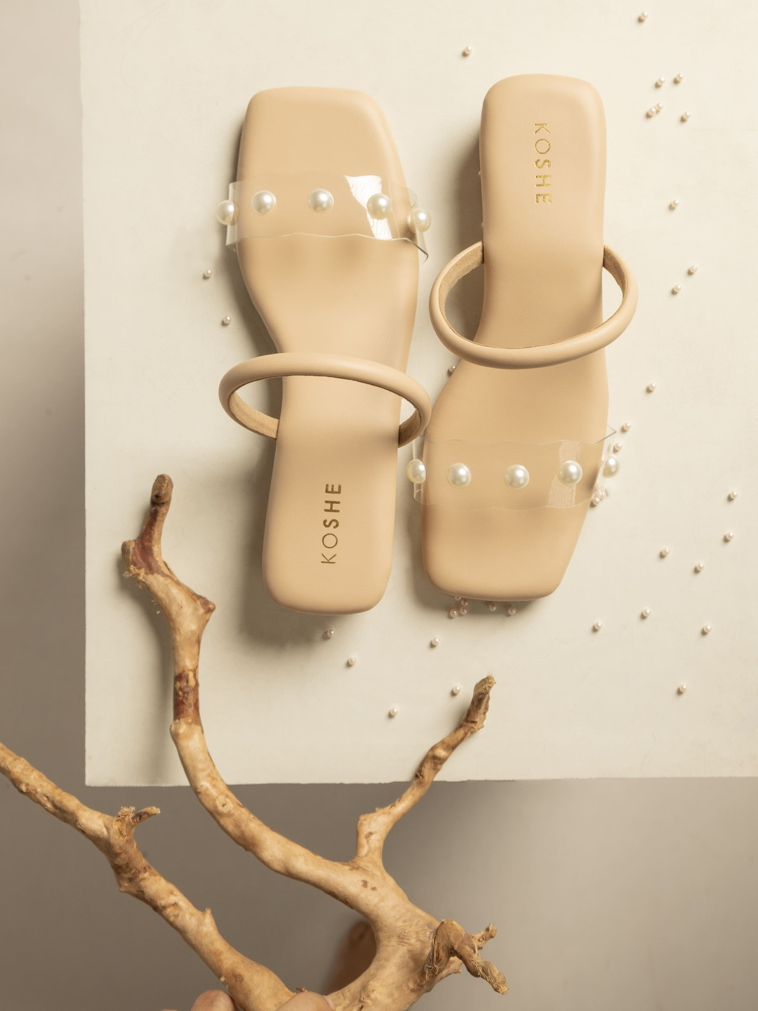 KOSHE BY SURABHI Women Transparent Pearl Embellished Slip-On Heel Block Sandal