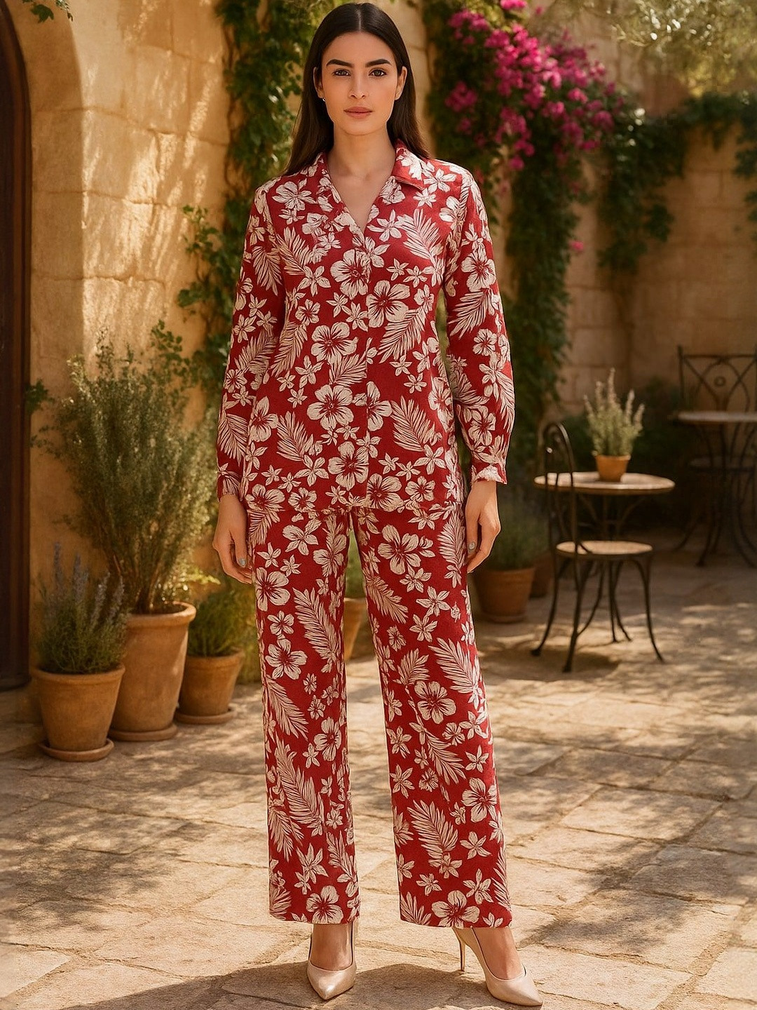 Bitterlime Printed Shirt Collar Long Sleeves Pure Cotton Shirt & Trousers