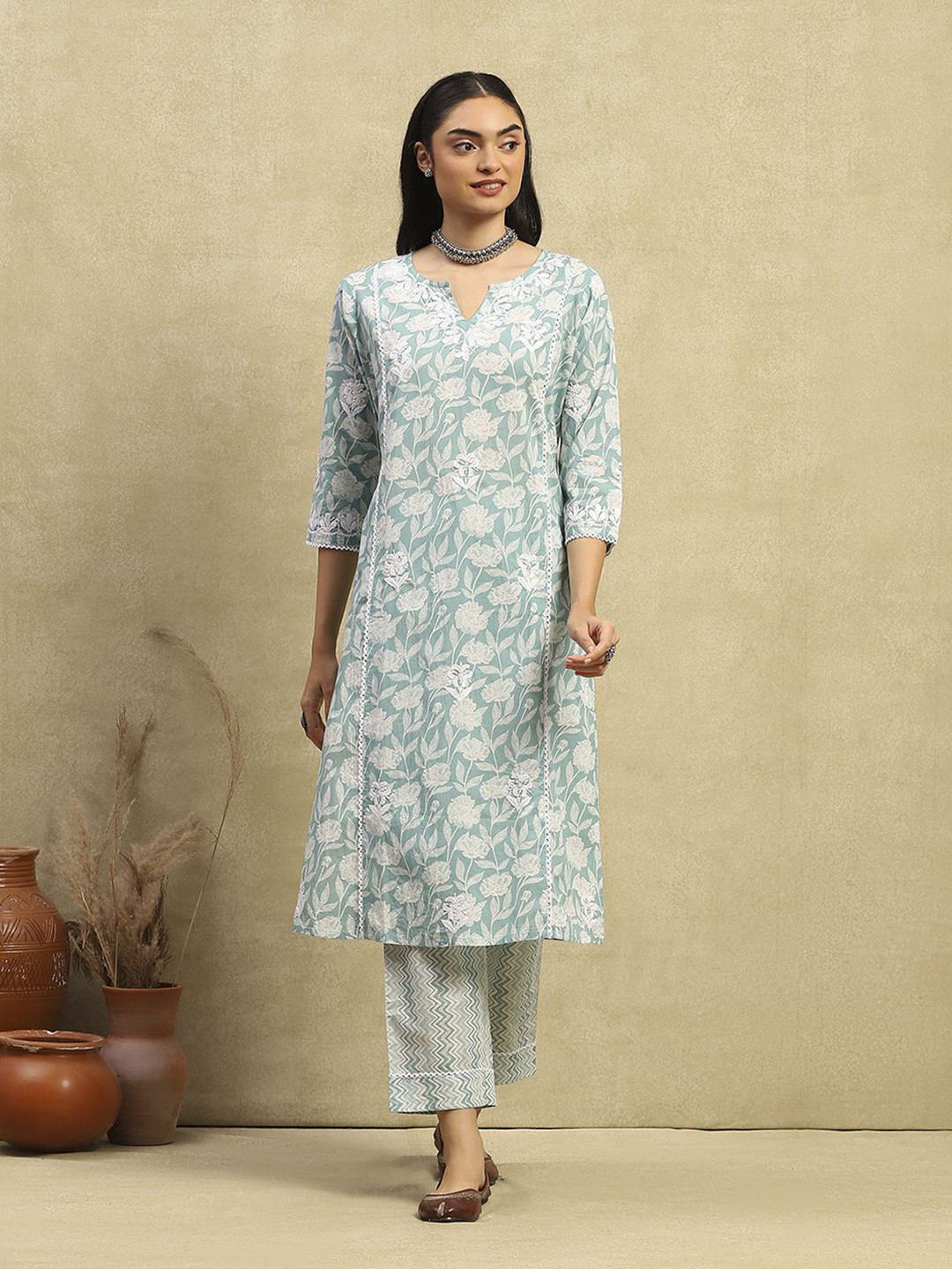 House Of Chikankari 2 Pcs Cotton Chikankari Printed Long Kurta Set