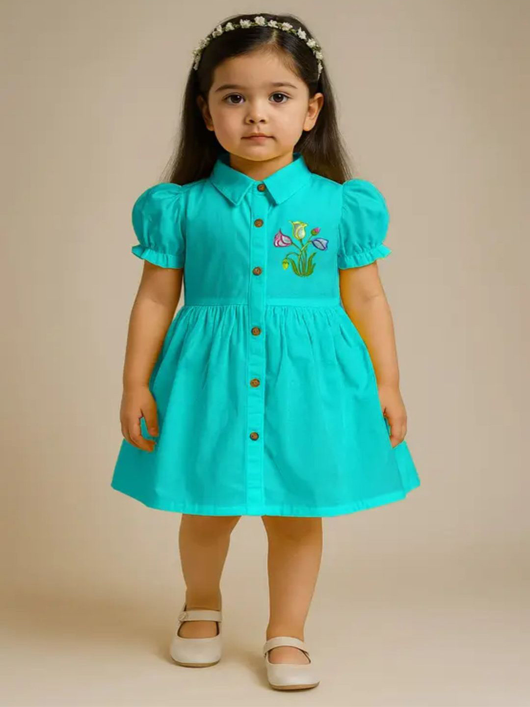 ryzora collection Girls Floral Embroidered Puff Sleeve Knee Length Cotton Shirt Dress