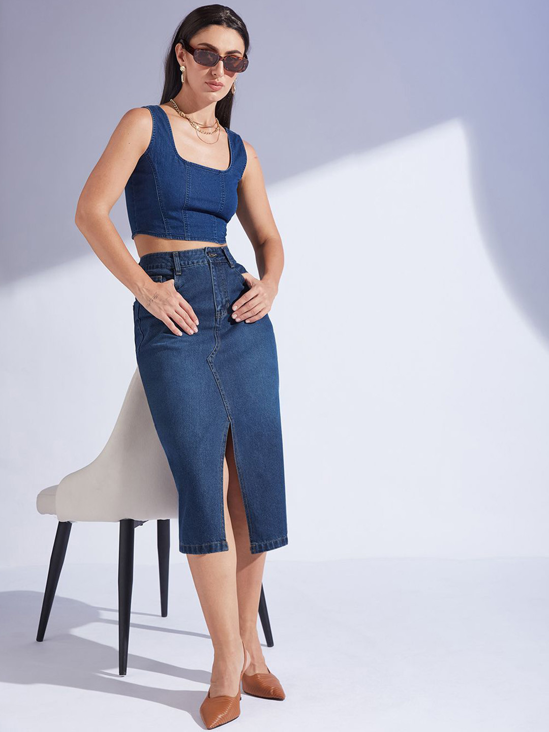 Miss Chase Women's A-Line High-Rise Clean-Look Non-stretchable Denim Midi Skirt