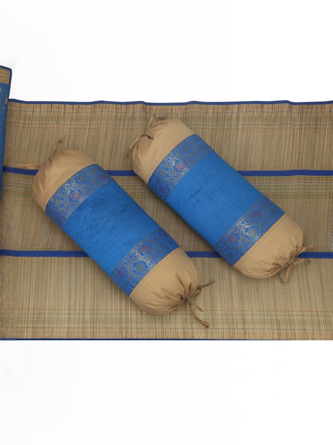 DECOWAT Blue & Brown 2 Pieces Embroidered Pure Silk Rectangle Bolster Covers
