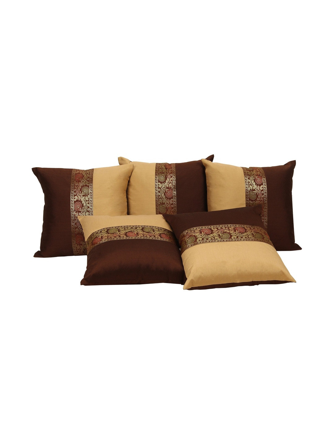 DECOWAT Coffee Brown Printed 5 Pieces Square Shape Cushion Covers - 22 x 22 In