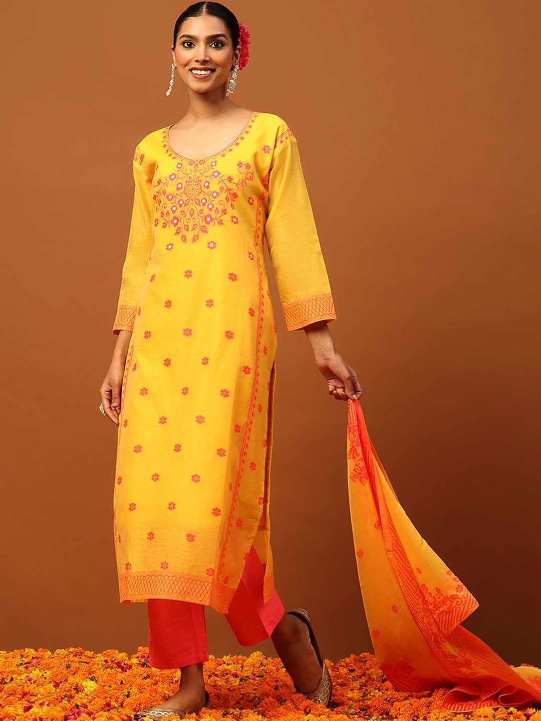 House of Chikankari Women Self Design Chanderi Silk Long Kurta and Trousers with Dupatta