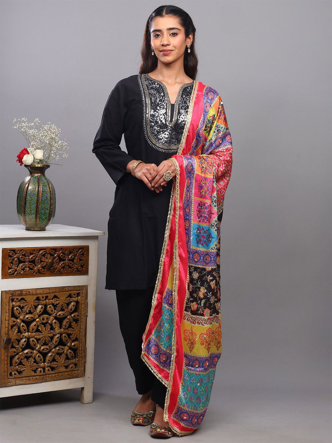 Exotic India Floral Printed Mirror Work Art Silk Dupatta