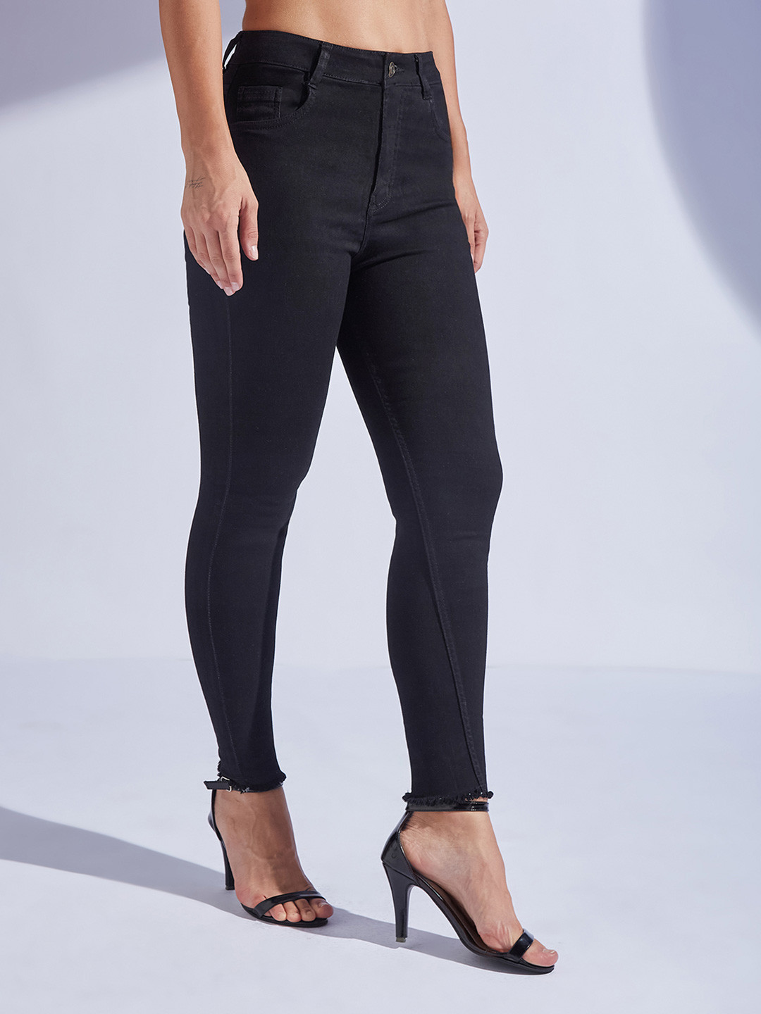 Miss Chase Women's Skinny Fringed Detailing High Rise Cropped Denim Jeans