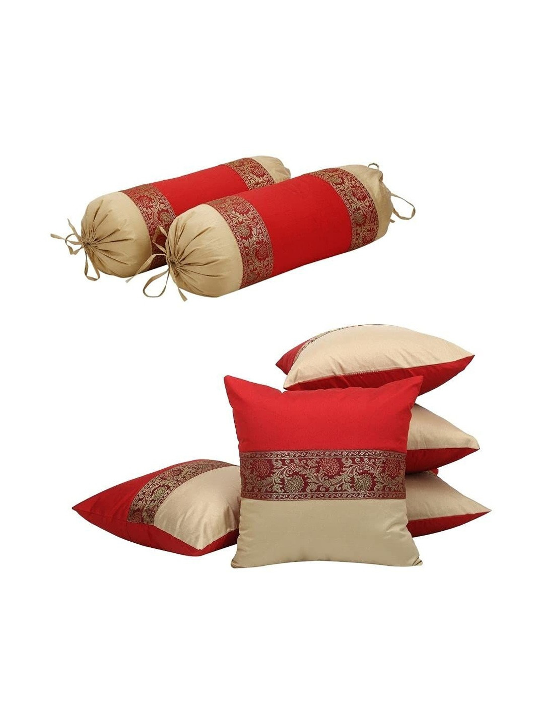 DECOWAT Red & Beige 7 Pieces Printed Silk Square Shape Cushion Covers With Bolster Covers