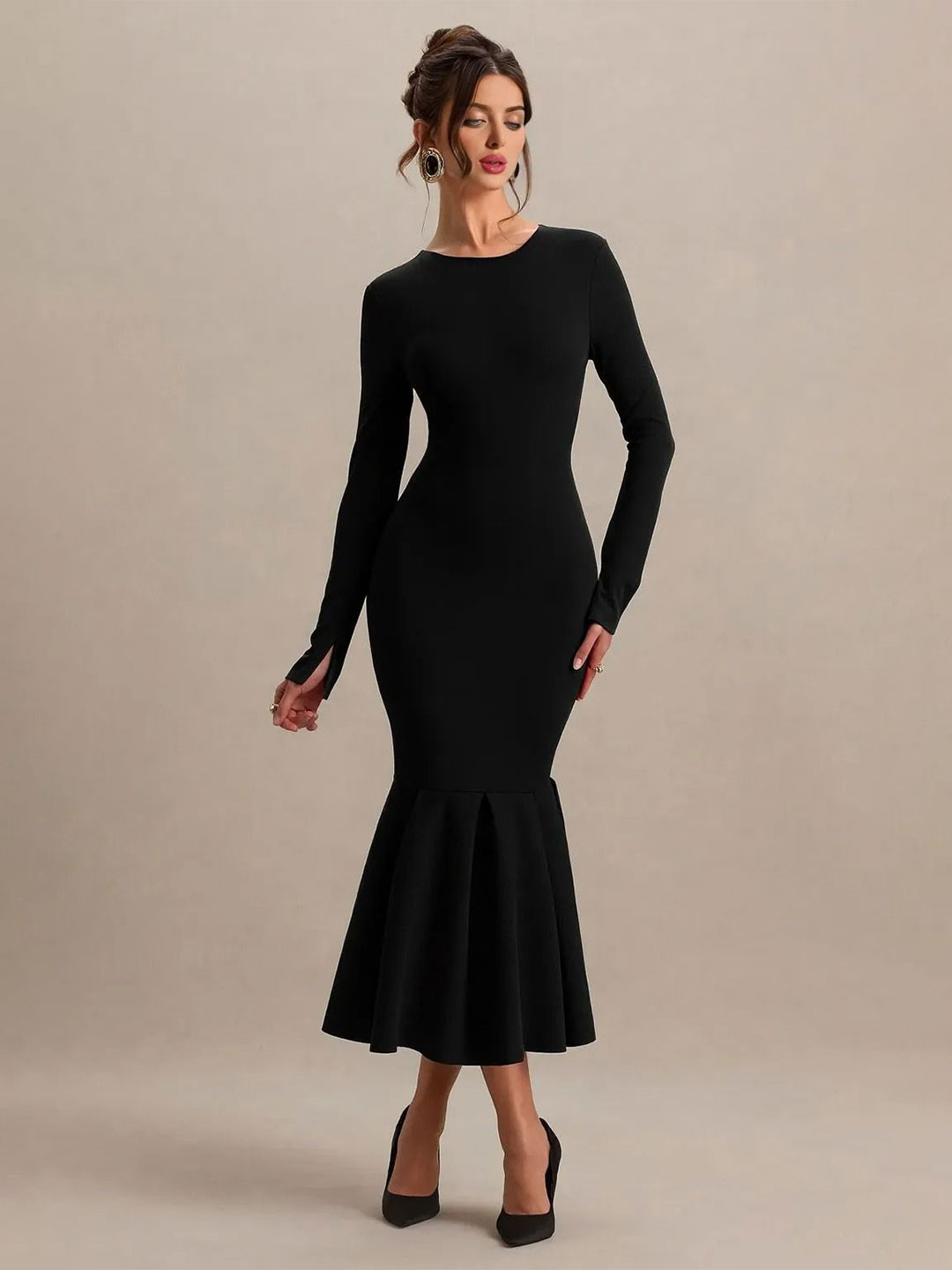 R.Code by The Roadster Life Co. Women Solid Round Neck Full Sleeve Bodycon Midi Dress