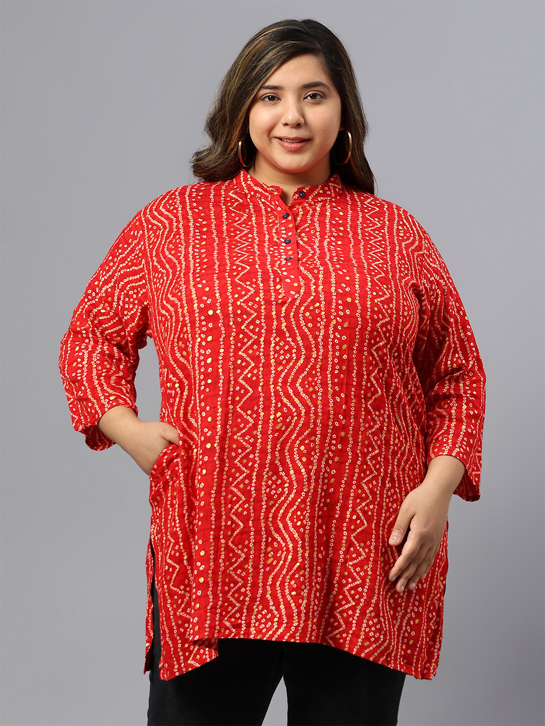 Indietoga Women Plus Size Red Mandarin Collar Bandhani Printed Tunic