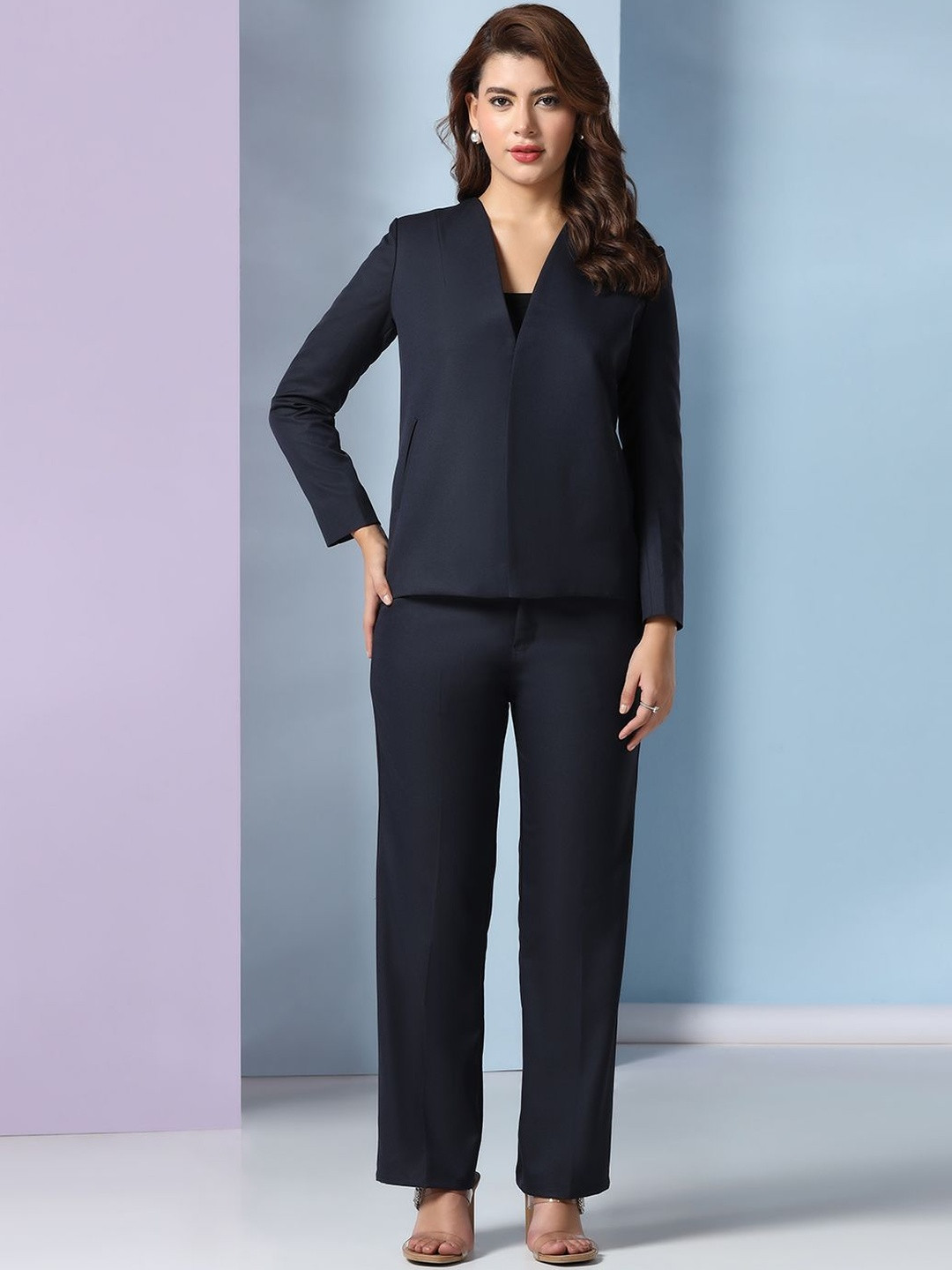 TAHVO Women Collarless Blazer with Trousers Two-Piece Suit