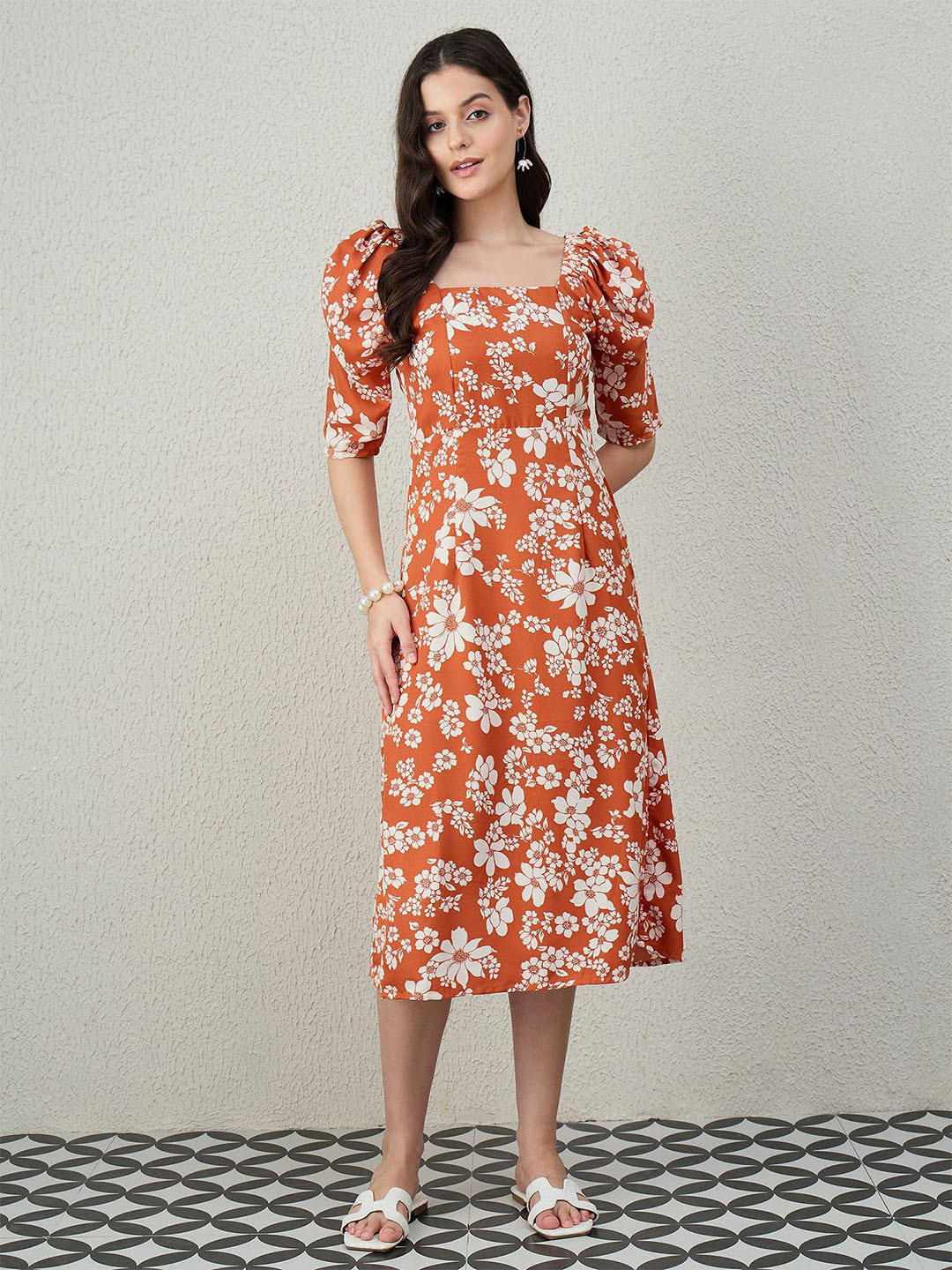 Kibo Floral Print Puff Sleeve Crepe A-Line Midi Dress