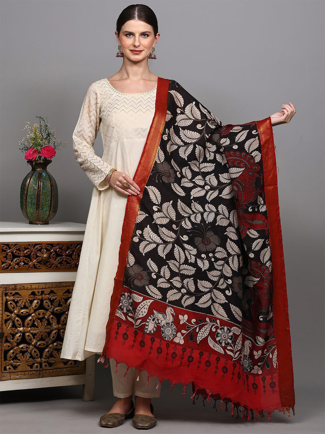 Exotic India Women Ethnic Motifs Printed Woven Design Border Zari Dupatta
