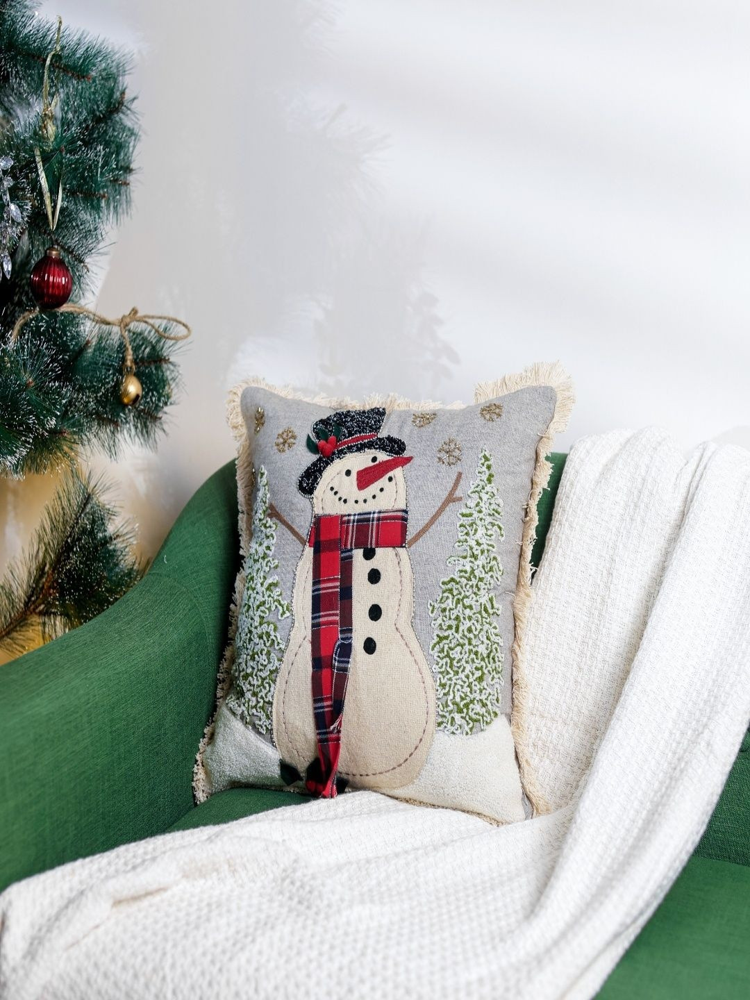 Revive Home Grey & Beige Embroidered Cotton Spot Cleaning Square Snowman Christmas Cushion