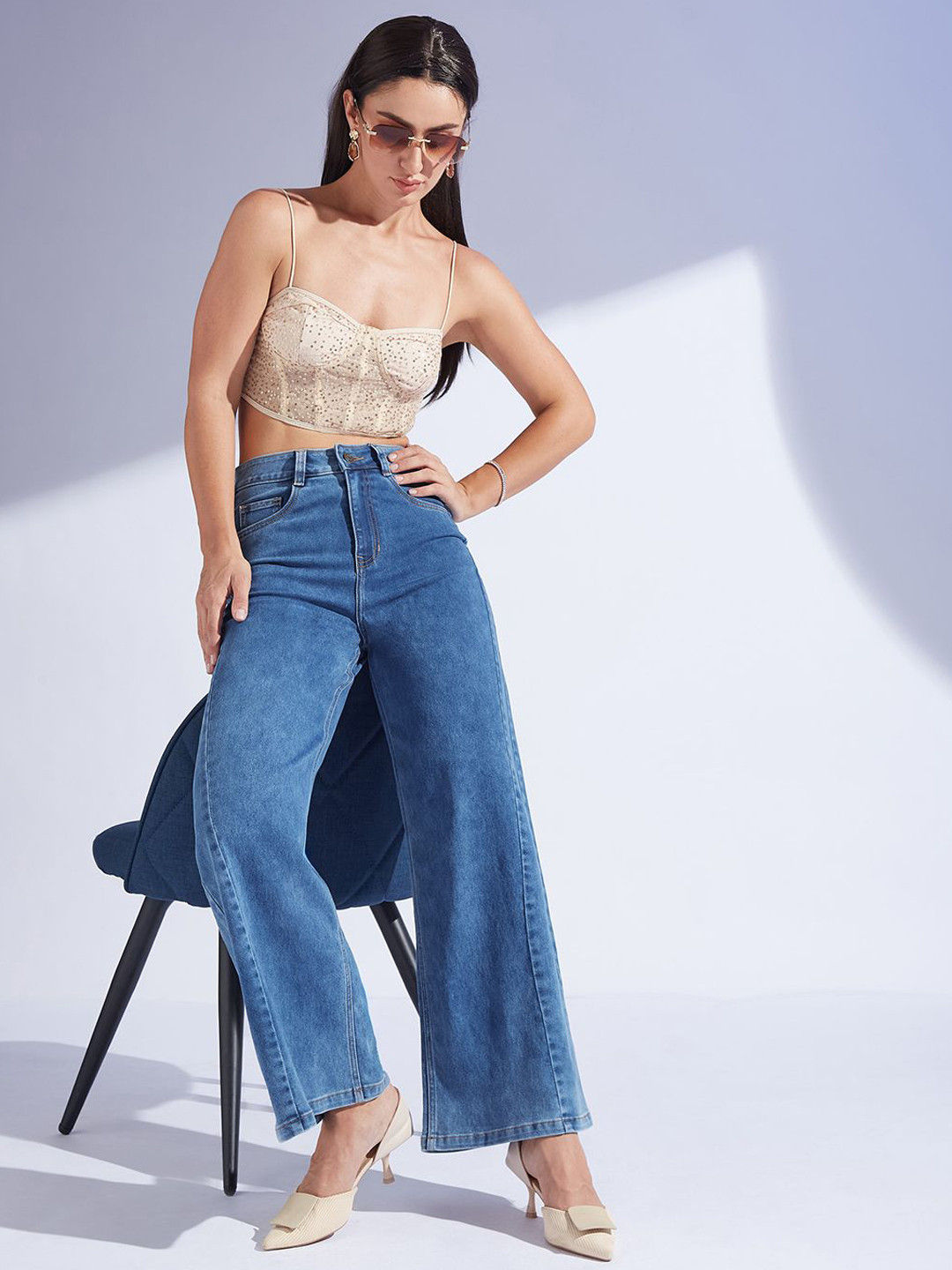 Miss Chase Women's Wide Leg High Rise Curved Panel Clean Look Stretchable Denim Jeans