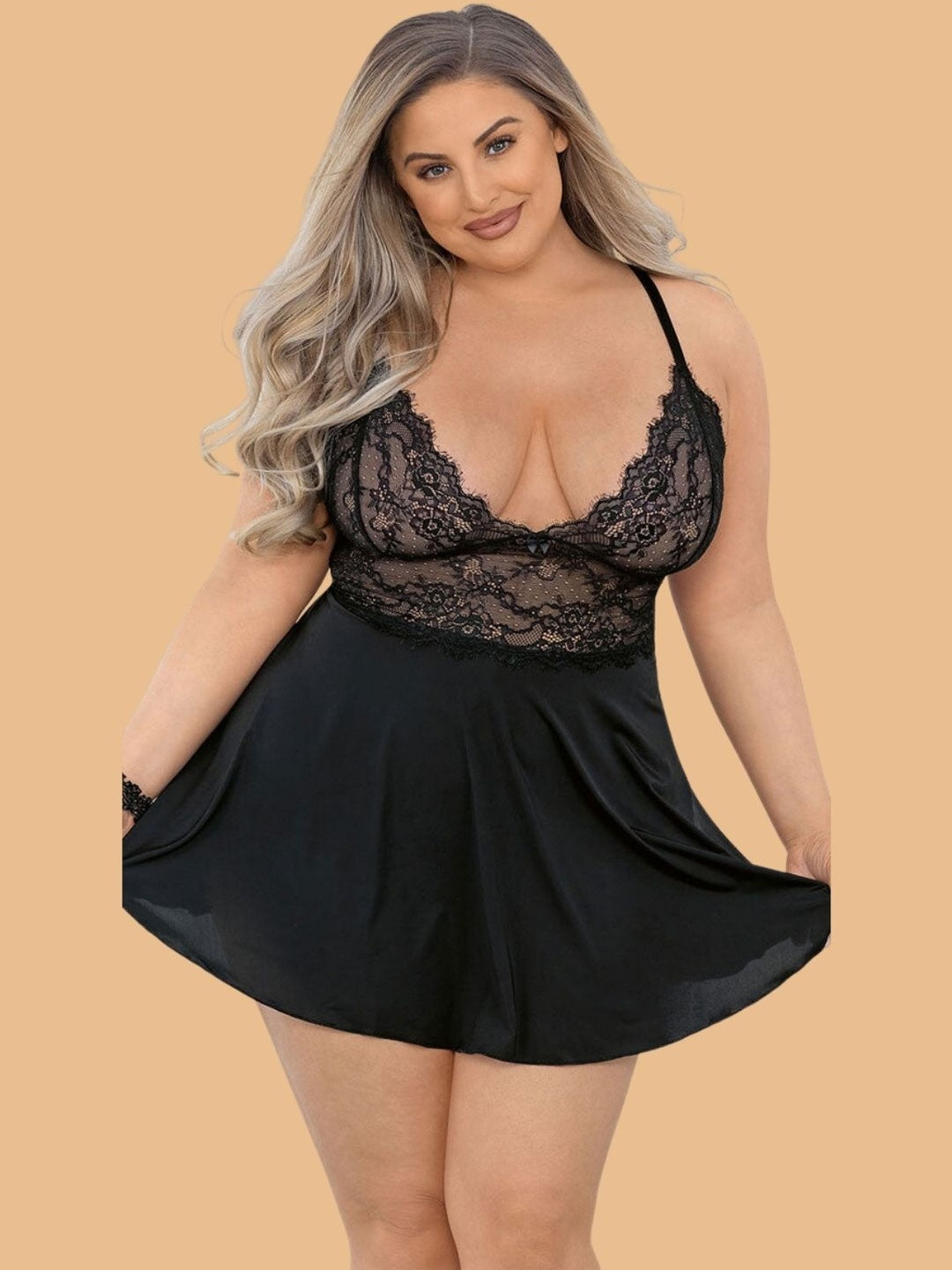 ZERJAMA Halter Neck Sheer Lace Plus Size Baby Doll