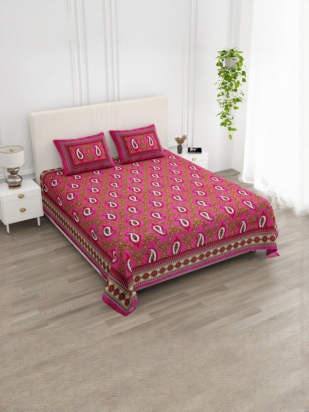 KD PRINTS Pink Printed King 210 TC Flat Bedsheet With 2 Pillow Covers 93 X 108 Inches