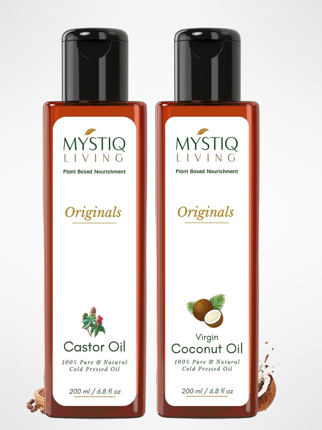 MYSTIQ LIVING 100% Pure Cold-Pressed Castor & Coconut Hair & Skin Care Oil - 200ml Each