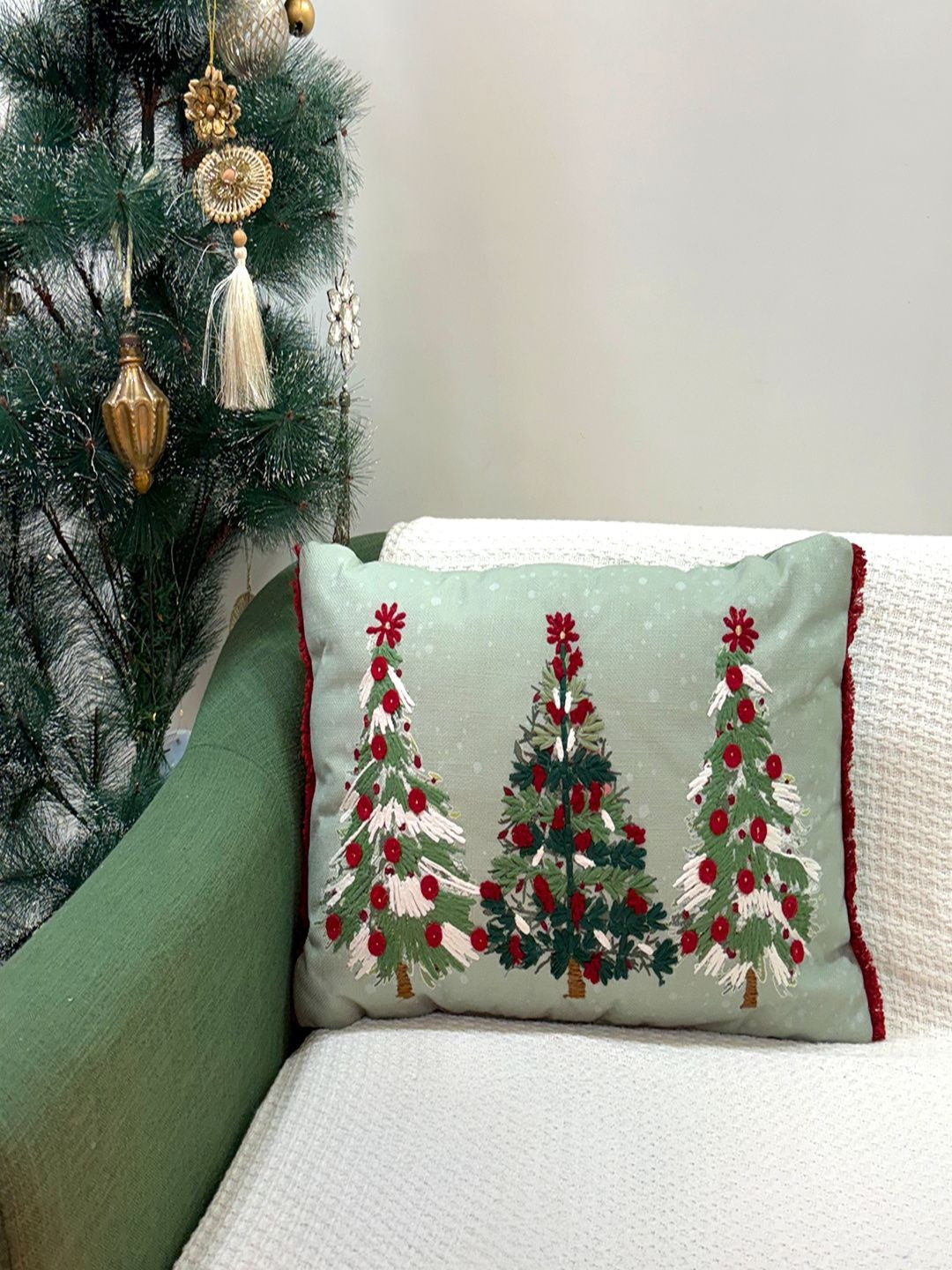 Revive Home Olive Green & White Floral Square Cushion Covers