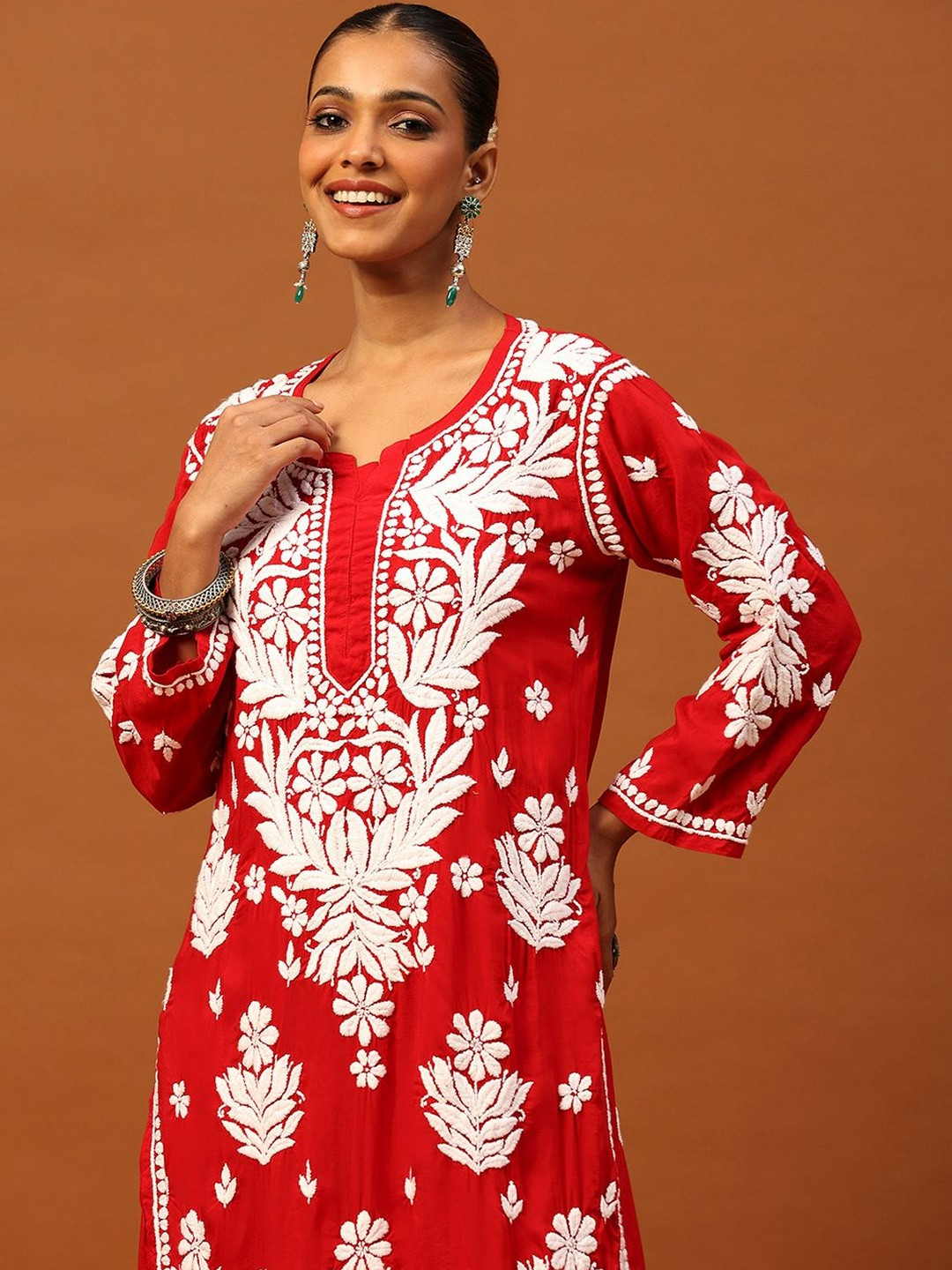 House of Chikankari Women's 2 PC Long Red Kurta Set