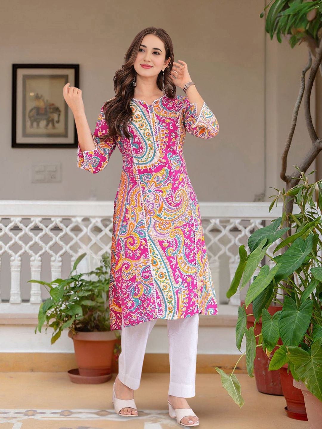 ALHADAYA Ethnic Motifs Printed Notch Neck Straight Kurta