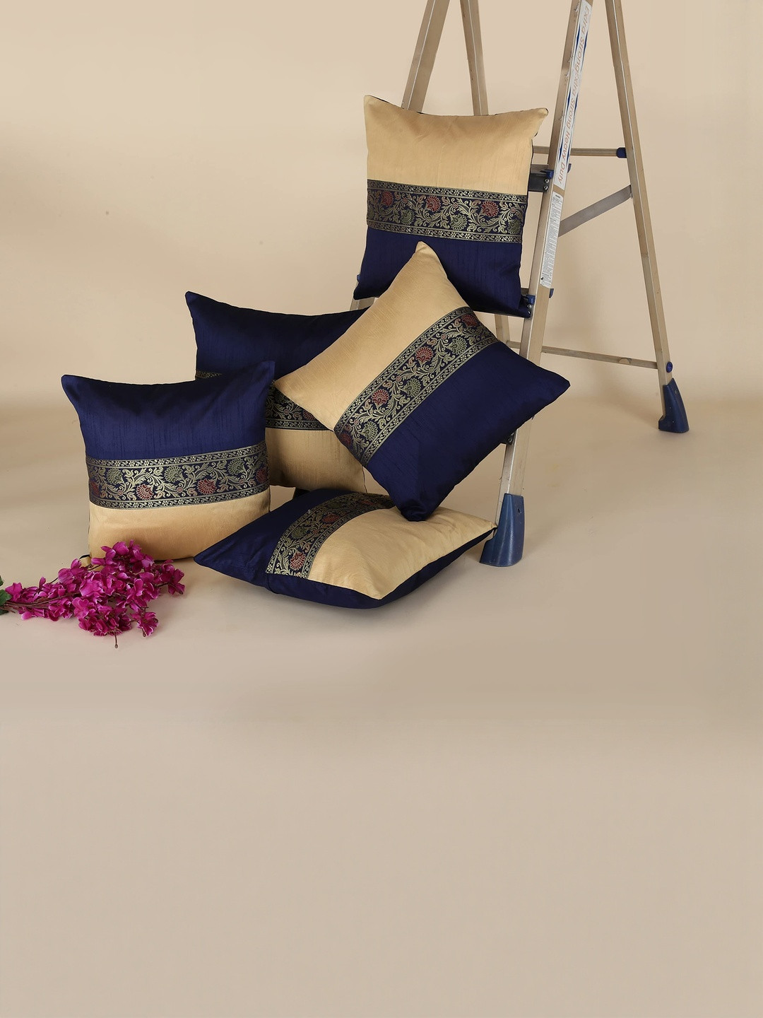 DECOWAT Blue & Beige Printed Silk 5 Pieces Square Shape Cushion Covers - 12 x 12 In