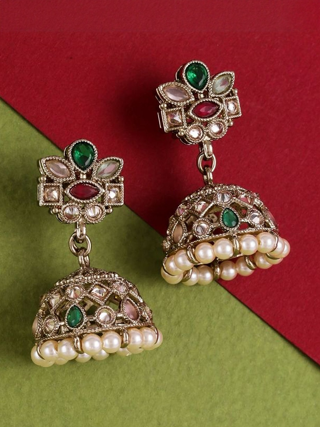 SALONI FASHION JEWELLERY Gold-Plated Kundan Studded And Beaded Floral Shaped Jhumkas